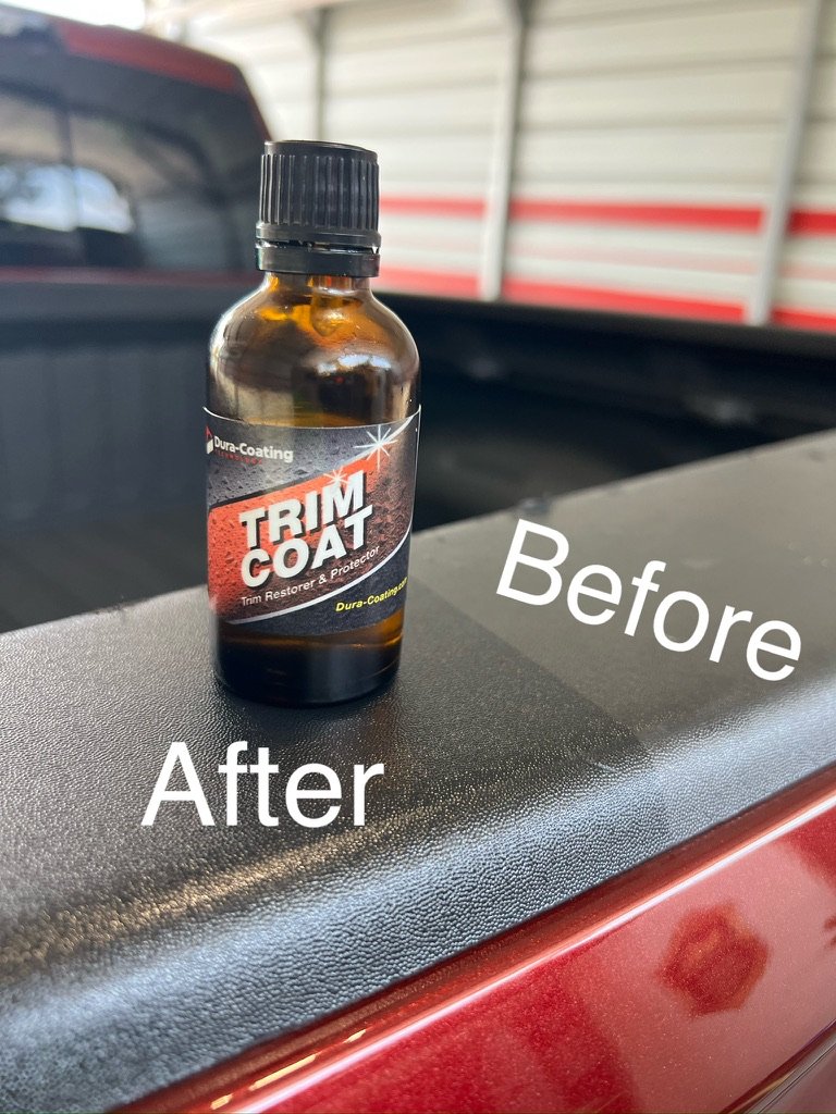 Before and after of restored plastic trim using Dura-Coating Trim Coat