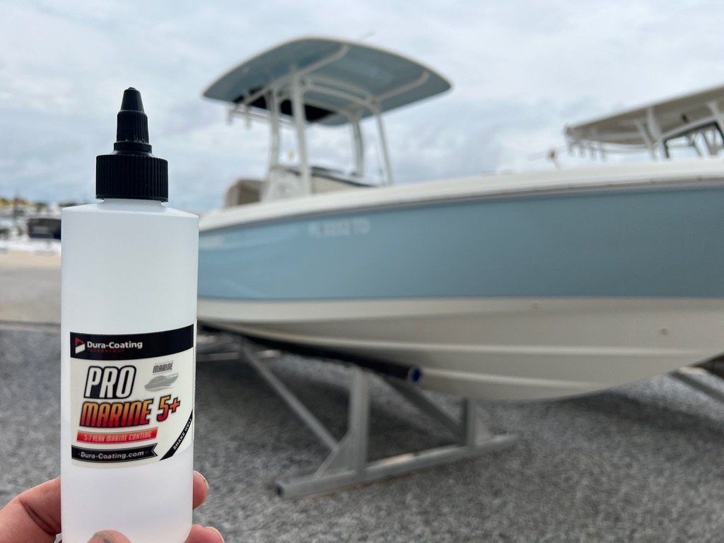 Dura-Coating Pro Marine 5+ in front of a center console boat